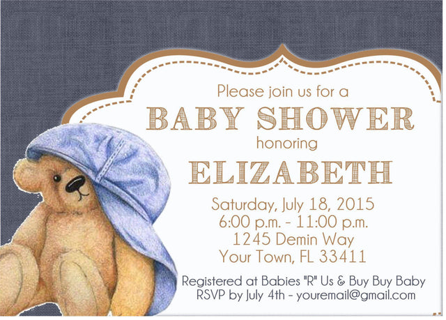 denim teddy bear baby shower invitations blue teddy bear design