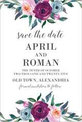 dusty blue and burgundy flower wedding save the dates elegant greenery theme