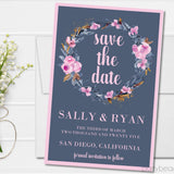dusty blue floral wreath save the date cards romantic botanical design