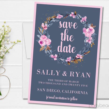dusty blue floral wreath save the date cards romantic botanical design