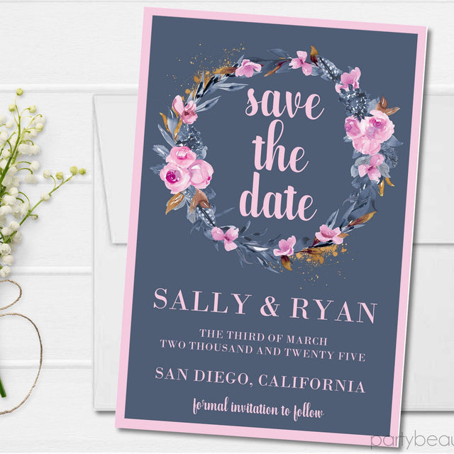 dusty blue floral wreath save the date cards romantic botanical design
