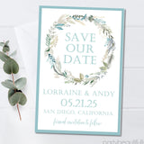 dusty blue greenery save the date cards elegant botanical design