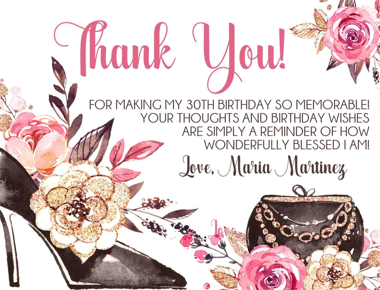 fashion birthday thank you cards glamorous high heel design