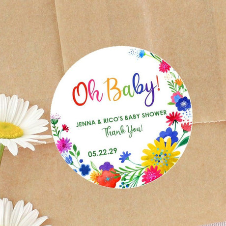 fiesta oh baby baby shower sticker with rainbow floral border