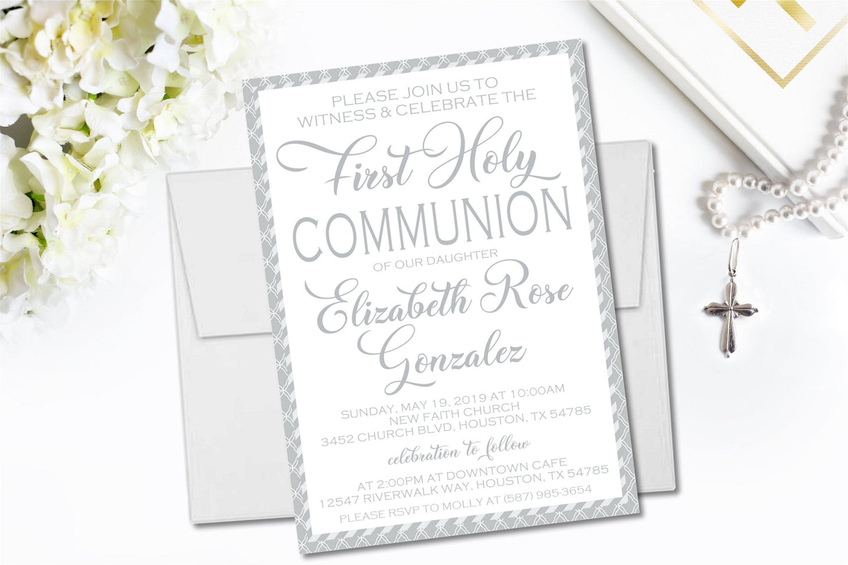 first holy communion invitations in silver and white colors