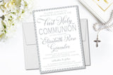 first holy communion invitations in silver and white colors