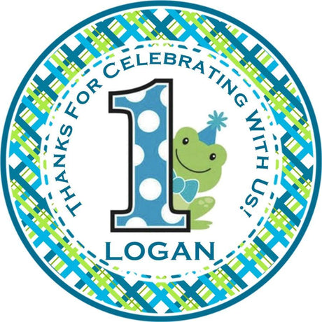 frog first birthday sticker with blue polka dot number