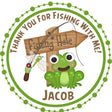 frog fishing birthday sticker with wooden fishing hole sign