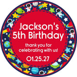 galaxy birthday party favor label with planets