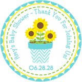 gender neutral baby shower sticker with teal and yellow flowers