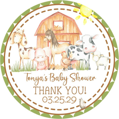 gender neutral barnyard baby shower stickers with cow pig and horse