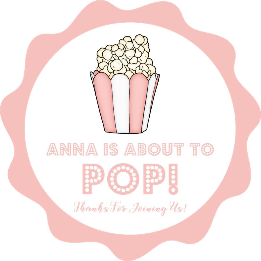 girl baby shower favor label with popcorn illustration