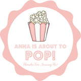 girl baby shower favor label with popcorn illustration