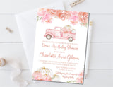 girls pink fall drive by baby shower invitations vintage pumpkin truck design