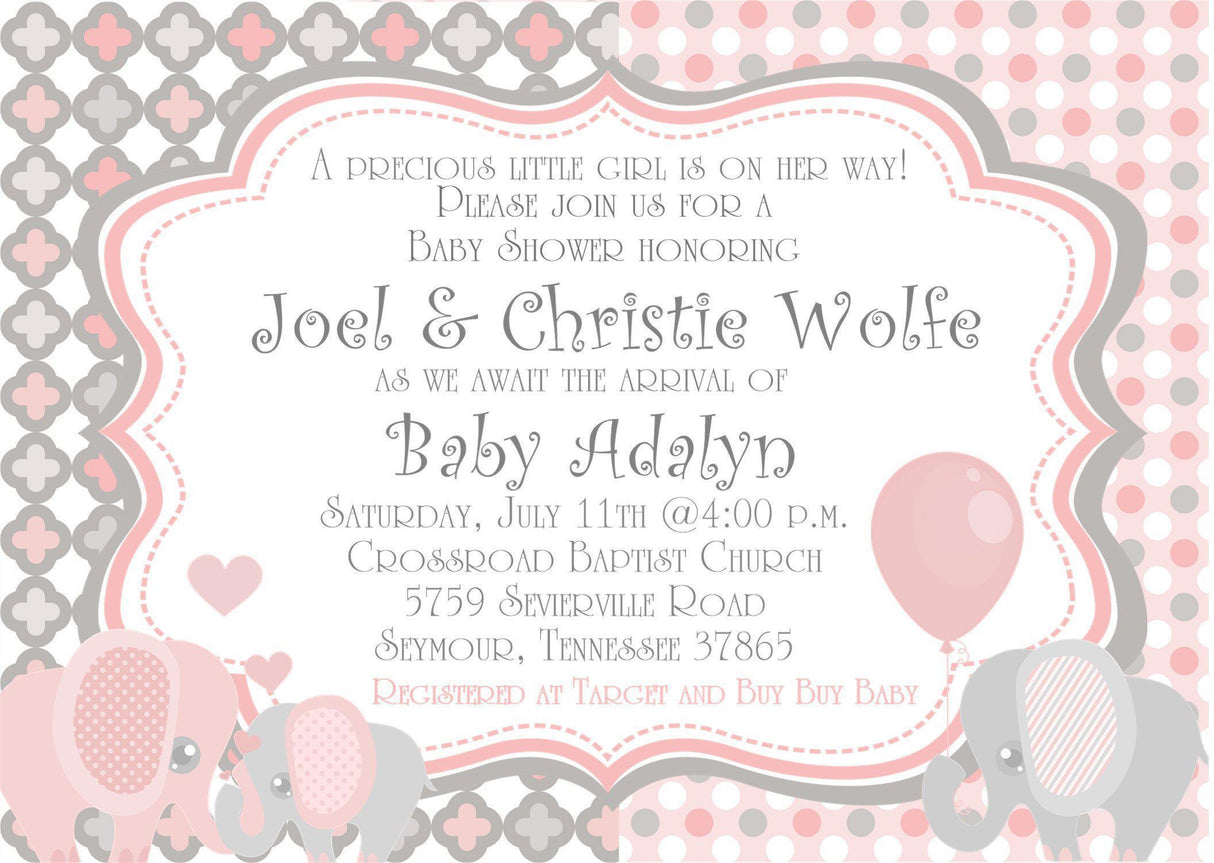 girls pink gray elephant baby shower invitations