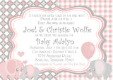 girls pink gray elephant baby shower invitations