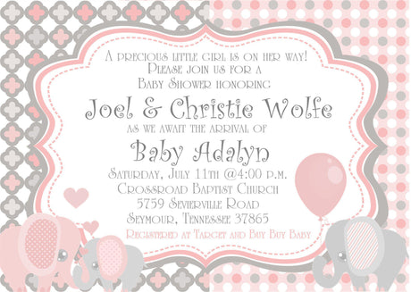 girls pink gray elephant baby shower invitations