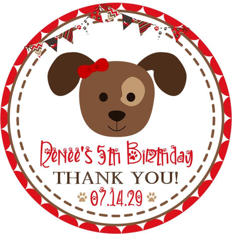 girls red puppy birthday sticker with brown puppy face with bow