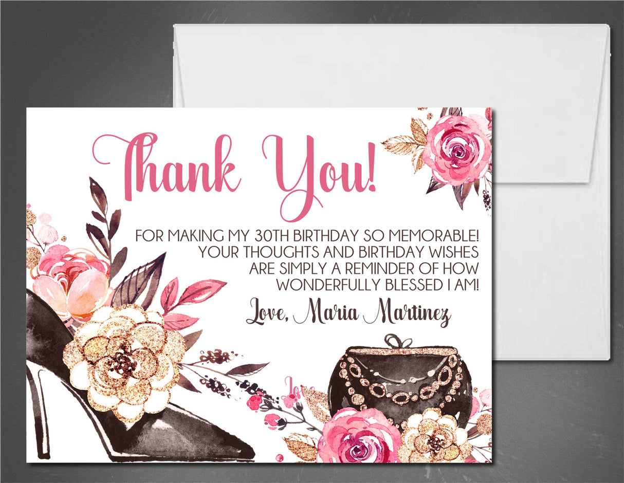 glam birthday party thank you cards stylish feminine style