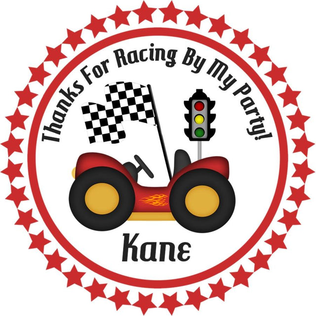 go kart race car birthday sticker in red and black