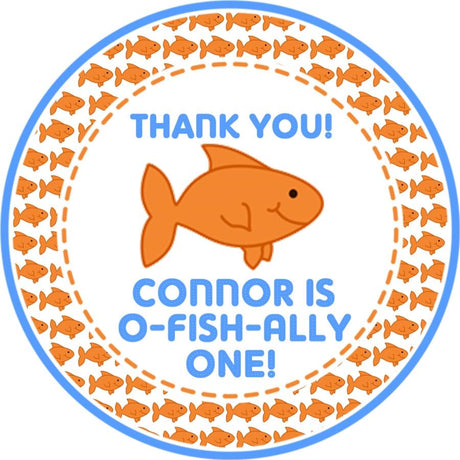 goldfish first birthday sticker with orange fish theme