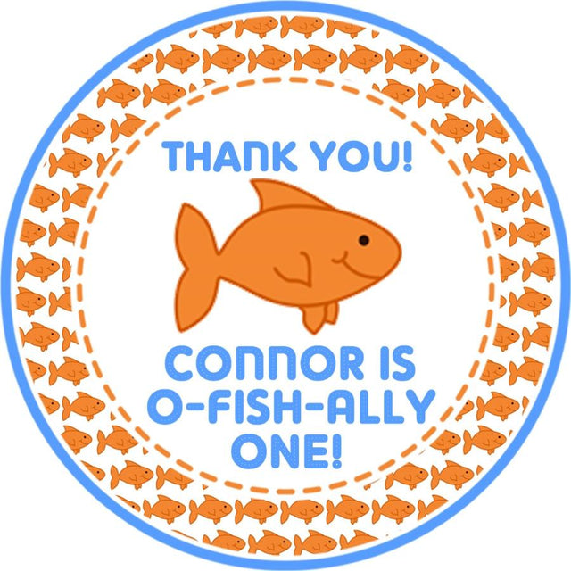 goldfish first birthday sticker with orange fish theme