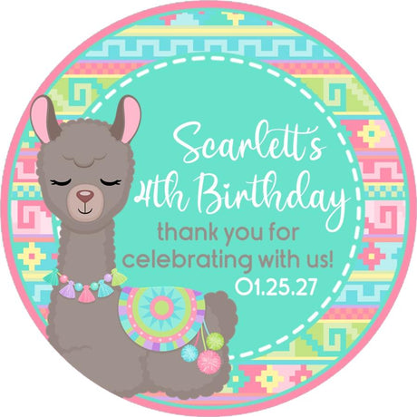 gray llama birthday sticker with colorful tassels