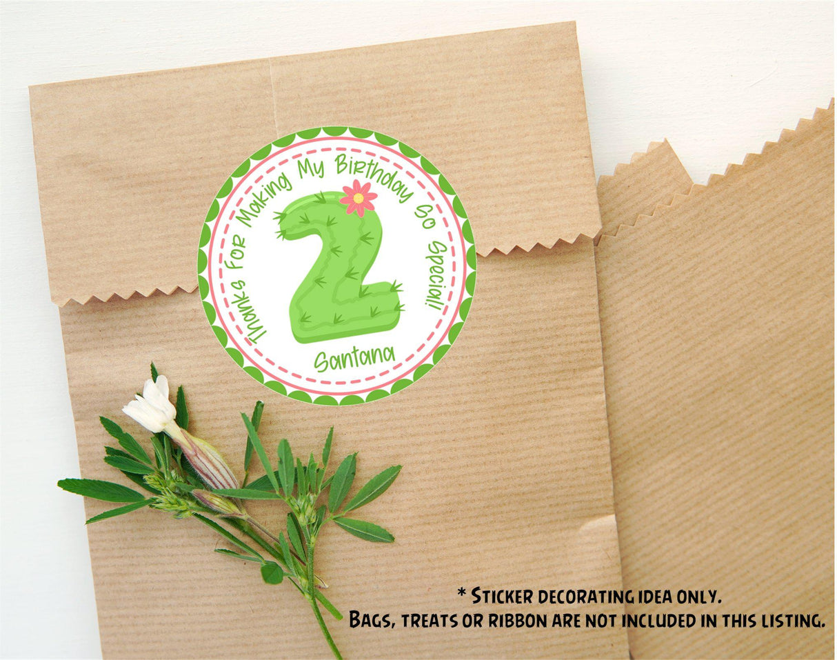 green cactus age party favor label with pink flower