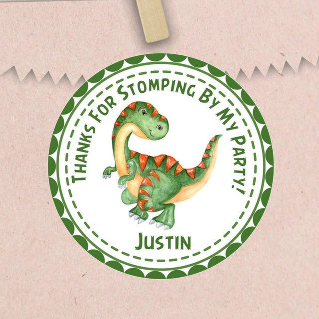 green dinosaur birthday sticker with orange spikes