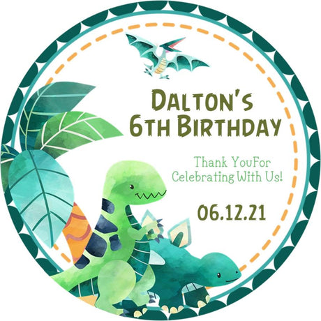 green watercolor dinosaur birthday sticker with leafy border