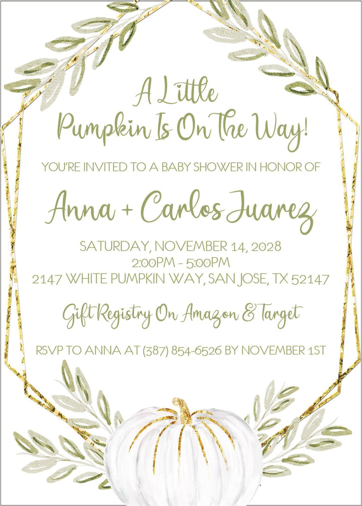 green white pumpkin invitation cards elegant fall style