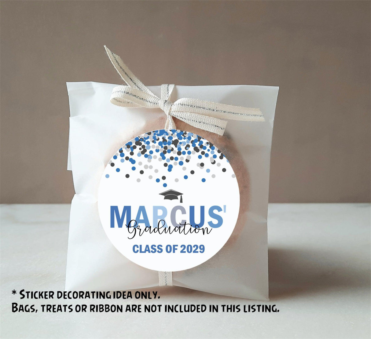 Close-up of blue and grey graduation sticker – smooth matte finish