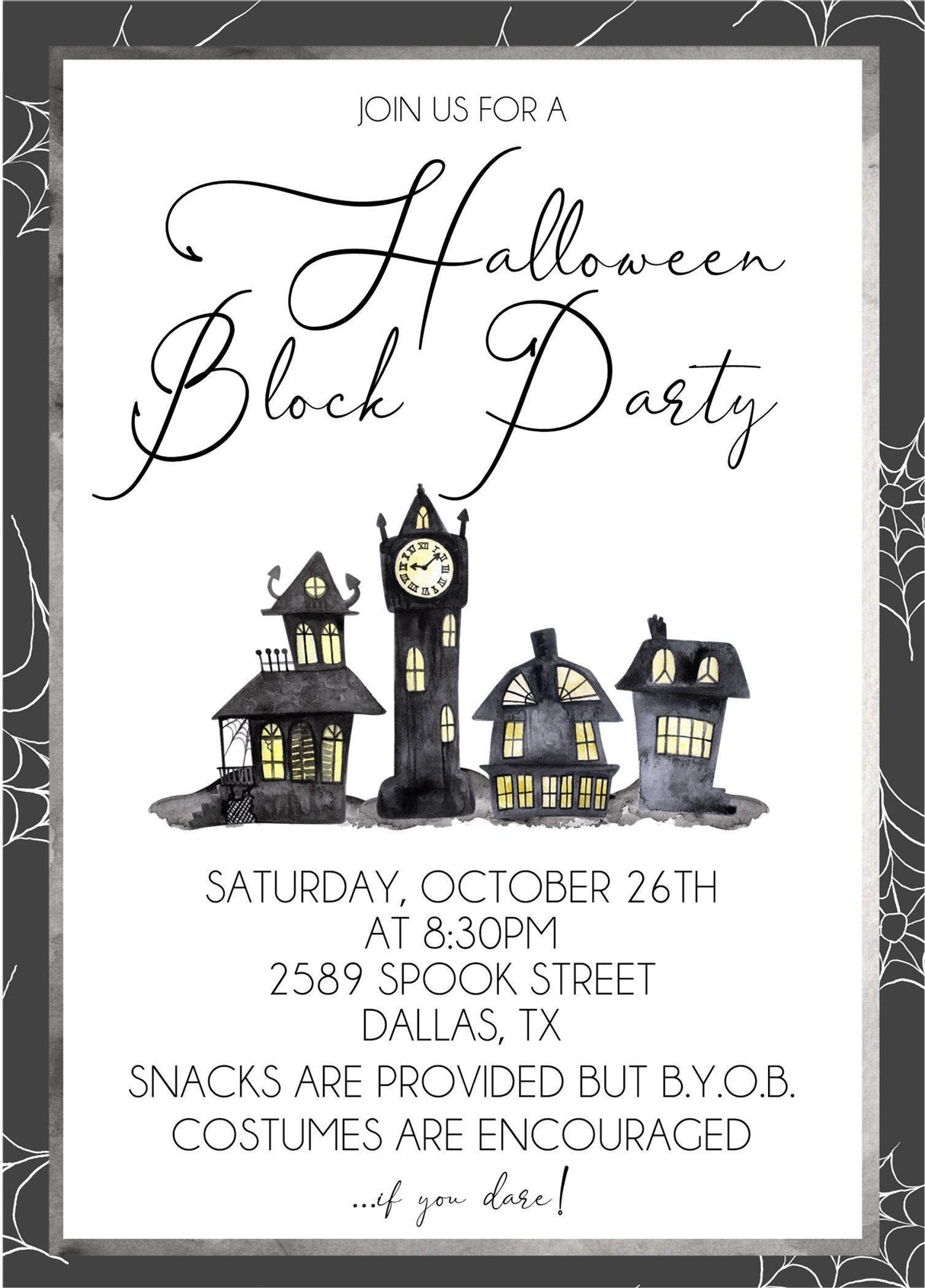 halloween block party invitations haunted house design