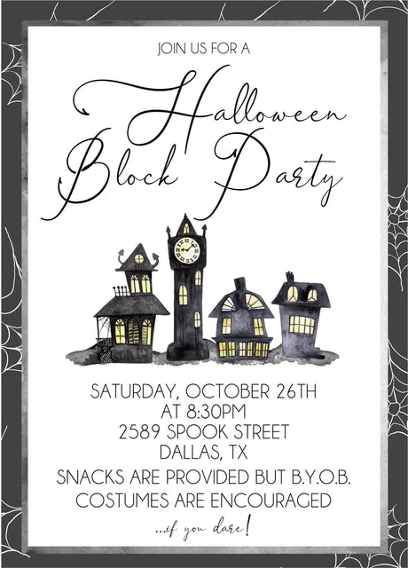 halloween block party invitations haunted house design