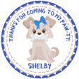 kids puppy party sticker with blue accents