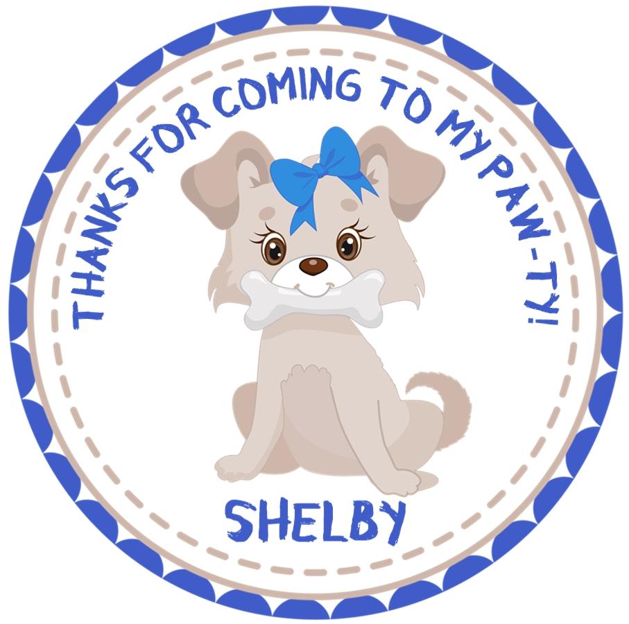 kids puppy party sticker with blue accents