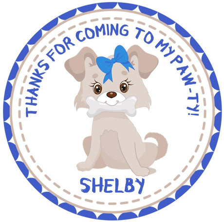 kids puppy party sticker with blue accents