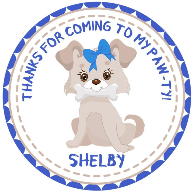 kids puppy party sticker with blue accents