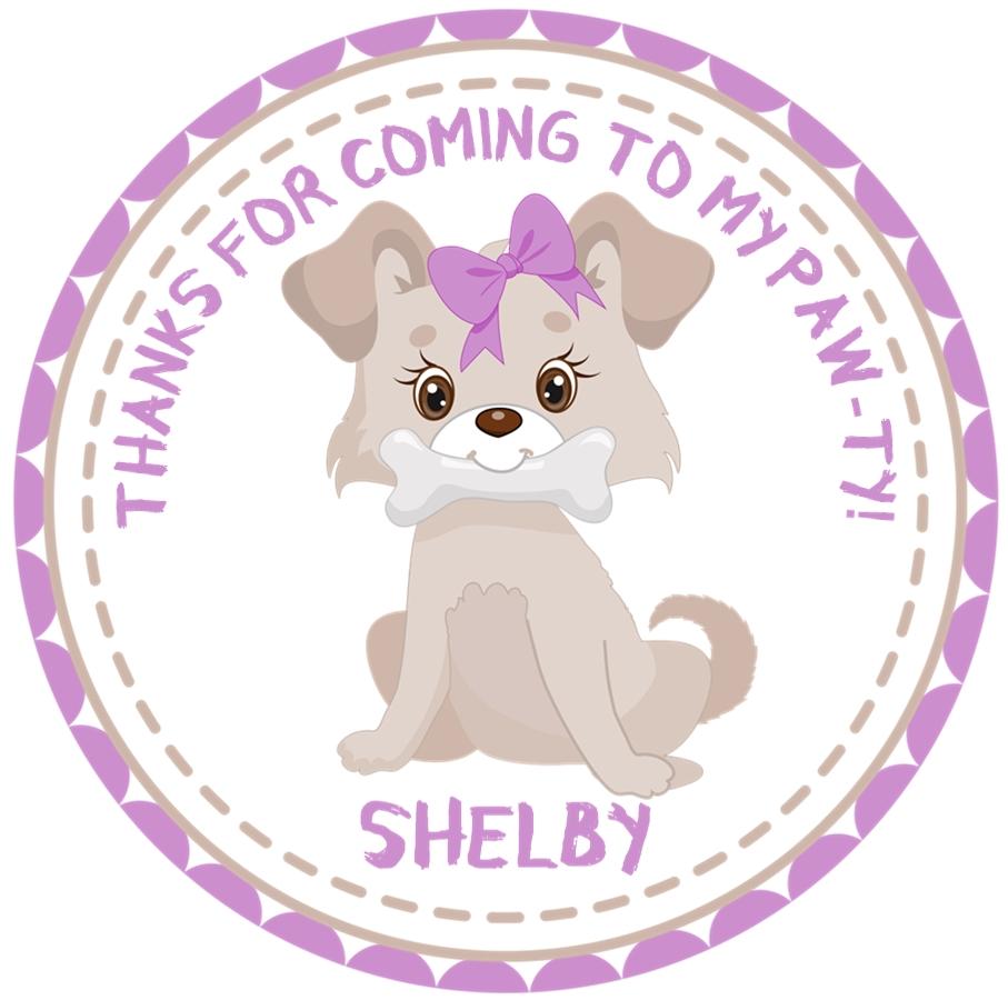 lavender puppy dog birthday sticker with bone