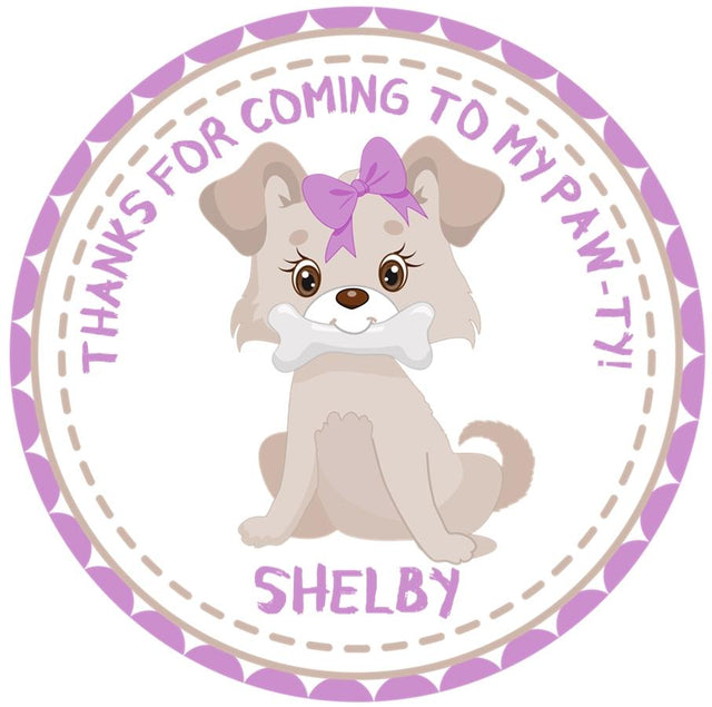 lavender puppy dog birthday sticker with bone