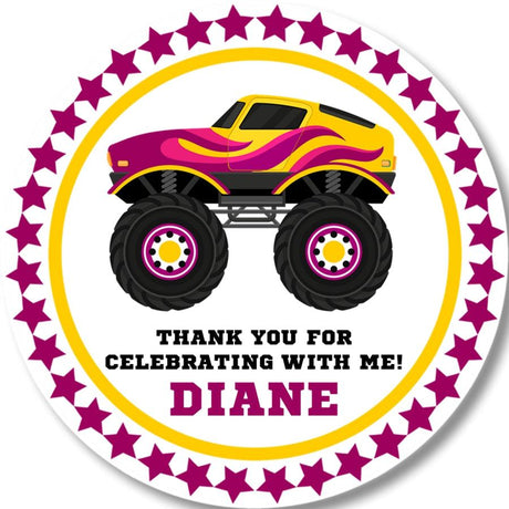 magenta and yellow monster truck birthday sticker
