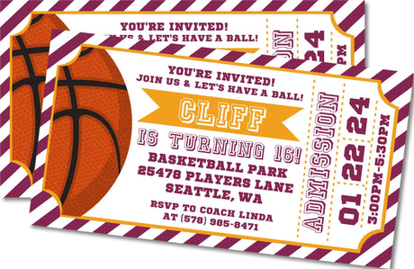 marroon gold basketball birthday ticket invitations
