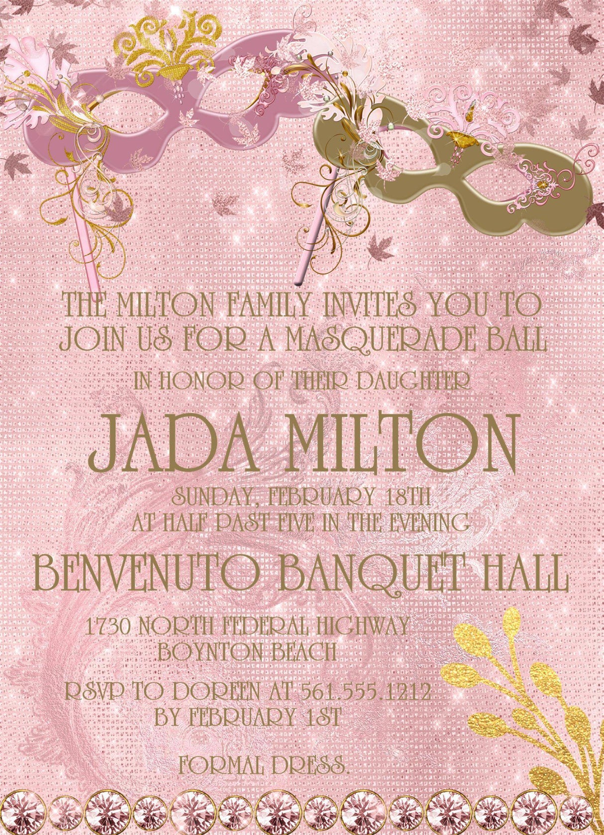 masquerade ball birthday invitations pink gold design