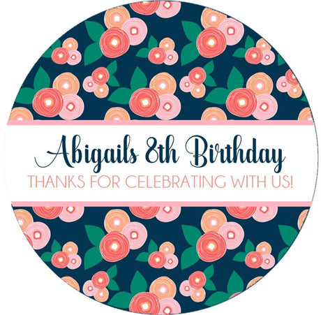 navy and coral floral birthday stickers