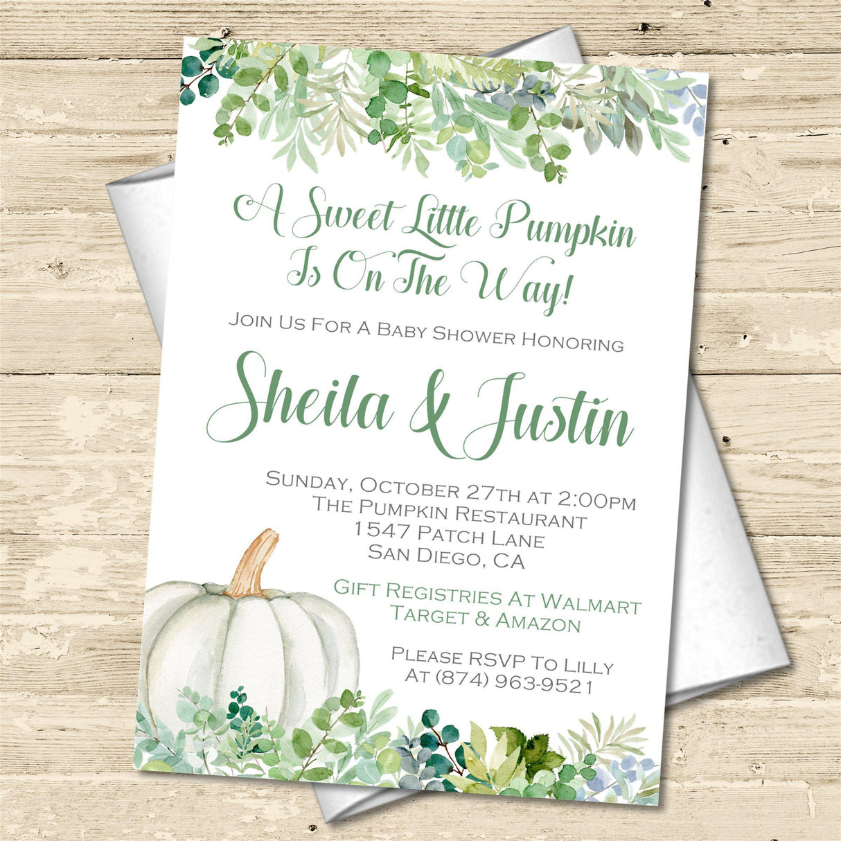 neutral green watercolor white pumpkin invitation cards