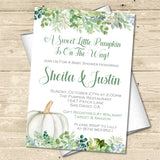neutral green watercolor white pumpkin invitation cards