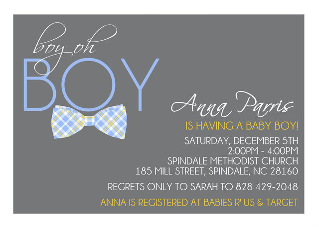 oh boy baby shower invitations gray blue bow tie design