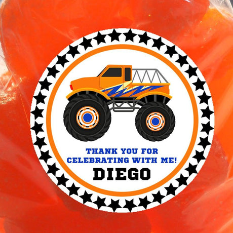 orange and blue monster truck birthday stickers personalized