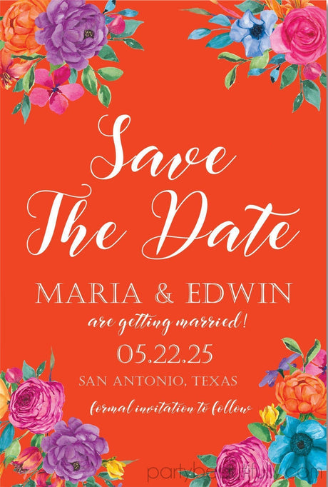 orange fiesta save the date cards colorful floral mexican wedding design
