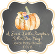 orange pumpkin baby shower sticker with chalkboard background